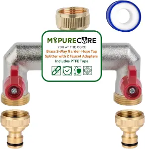 Brass 2-Way Garden Hose Tap Splitter with 2 Faucet Adapters and  PTFE Tape Durable three-quartz Outdoor Tap Connector with Valves