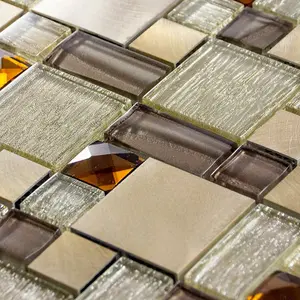 Luxury Brown, Caramel & Beige Glass & Brushed Steel Mosaic Wall Tiles Sheet 8mm