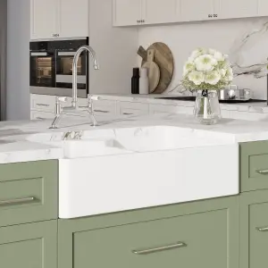 Fireclay Kitchen Bundle - Double Bowl Butler Sink, 2 x Wastes & Bridge Lever Tap, 895mm - Chrome - Balterley