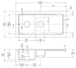 Fireclay Kitchen Drop In Sink - 1.5 Bowls & Grooved Draining Area (Wastes Sold Separately) - White - 1010mm x 525mm - Balterley