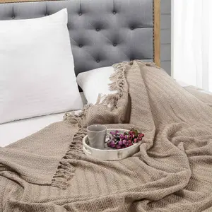 Nevni Decorative Rustic Cotton King Size Throw Blanket With Fringes For Sofa, Bed, Armchair, Couch 225 x 250 cm - Mocha