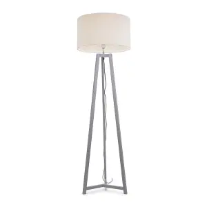 ValueLights Lottie Grey Wood Tripod Floor Lamp with Cream Boucle Drum Shade - LED Bulb Included