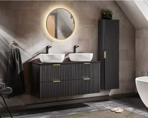 Black Bathroom Cabinets Furniture Set Wall Hung 1200mm Countertop Sink Basin and Tall Tallboy Unit Ribbed Adel