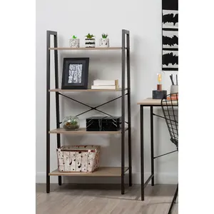 Interiors By Premier Four Tier Grey Oak Veneer Ladder Shelf Unit, Functional Industrial Narrow Shelf, Stylish Tall Cupboard