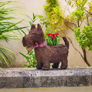 Scottie Dog Themed Flower Planter Novelty Rattan Rustic Plant Pot Garden