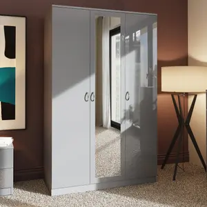 3 Door Triple Mirrored Wardrobe Grey Gloss Scratch Resistant Bedroom Furniture