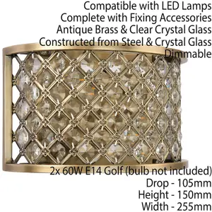 Crystal Cage Wall Light Brass & Glass Shade Modern Twin Bulb Lounge Lamp Fitting