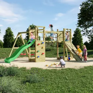 Shire Fun Wooden Climbing Frame with Twin Towers with Bridge, Double Swing and Slide