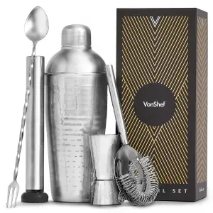 VonShef Cocktail Shaker Set, Silver 5pc Set with Manhattan Cocktail Shaker, Bartender Kit with Strainer, Muddler, Gift Box & More