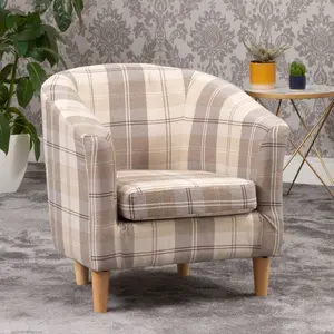 Medford 69cm wide Beige Chequered Fabric Tub Chair with Dark and Light Wooden Legs