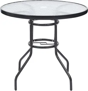 80cm Round Garden Dining Dining Coffee Table with Parasol Hole Tempered Glass Tabletop