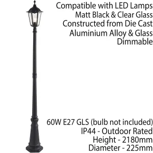 Outdoor Post Lantern Bollard Light Matt Black & Glass 2180mm Tall Garden Lamp