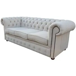 Chesterfield Original 3 Seater Sofa Settee Zoe Plain Parchment Cream Fabric In Classic Style