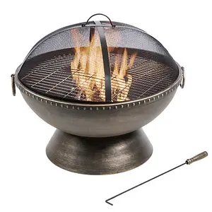 Teamson Home Outdoor Wood Burning Fire Pit, Round Bronze Metal Garden Heater, Log Burner, Includes Lid & Poker - 76 x 76 x 70 (cm)