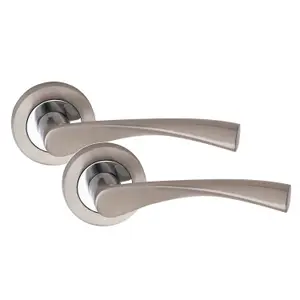 4 Pairs of Golden Grace Astrid Door Handle On Round Rose, 2.5" Tubular Latch, Dual Finish, Satin Nickel/Polished Chrome