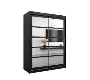 Roma II Black Modern Sliding Door Wardrobe H2000mm W1500mm D620mm with Mirrored Panels and Silver Handles