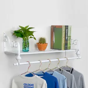 Wall Mounted Clothes Rail Garment Clothing Hanging Rack with Display Storage Shelf White 700 mm