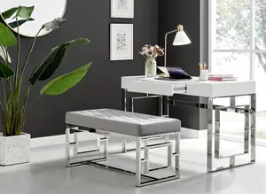 Furniturebox UK Cambridge Grey Velvet & Chrome Dressing Table and Stool Set