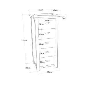 Padua 5 Drawer Narrow Chest of Drawers Brass Cup Handle