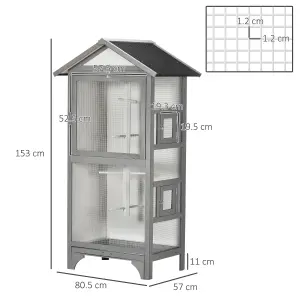 PawHut Wooden Bird Aviary, Outdoor Bird Cage for Finch, Canary w/ Tray - Grey