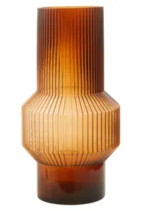 Interiors by Premier Large Ribbed Brown Glass Vase,  Brown Flower Vase with Wide Middle Section and Smooth Base, Decorative Vase