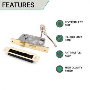 EAI Sashlock 80mm / 57mm Backset PVD BRASS 3 lever for Internal Wooden Door 2 Keys CE UKCA & Fire Door Approved Anti Rattle Keep