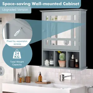 Costway Bathroom Wall Storage Cabinet Wooden Hanging Medicine Organizer W/ Mirror Grey