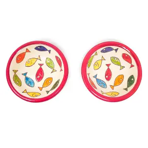 Signature Coloured Fish Hand Painted Ceramic Set of 2 Tapas Bowls Red Rim (Diam) 12cm