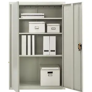 Metal Storage Cupboard Grey 2 Door Tall Lockable Steel Filing Cabinet 3 Shelves Office, Garage Tool, Utility, Kitchen use