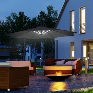 Outsunny 3(m) LED Patio Banana Umbrella Cantilever Parasol w/ Crank, Black