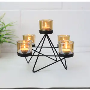 Tea Light Holder 5pc Amber Candle Jars with Metal Tealight Wooden Stand Decor