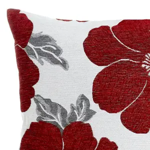 Poppy 55cm x 55cm Luxury Floral Chenille Cushion Red/Grey