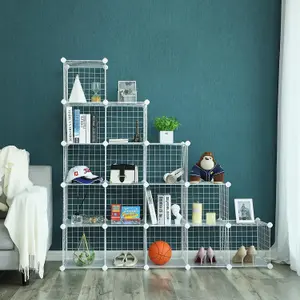 SONGMICS DIY Closet Cabinet, 16 Cube Metal Wire Organizer, Modular Grids and Wire Mesh Shelving, White