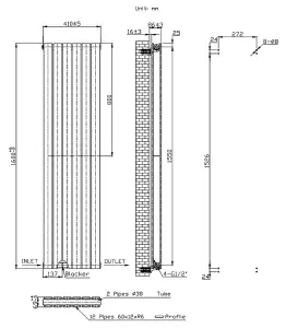 VURTU1 Designer Vertical Double Panel Radiator 1600(H), x 410(W), Anthracite, 613623