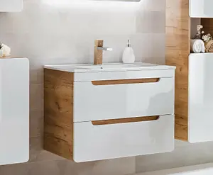 600 Vanity Unit Sink Wall Cabinet with Basin & Compact Drawers White Gloss Oak Arub