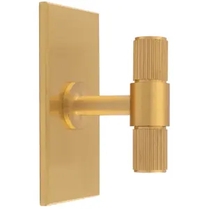 Reeded T Bar Cabinet Door Knob & Matching Backplate Lined Satin Brass 76 x 40mm