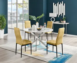 Furniturebox UK Novara White Marble 120cm Round Dining Table & 4 Mustard Velvet Milan Black Leg Chairs