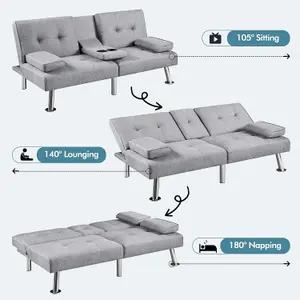 Astro Grey Fabric Sofa Bed - Chrome Legs-Cup holders, 3-Seater Multipurpose Couch/ Sofa