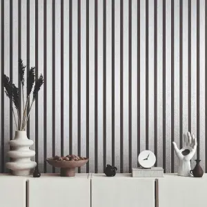 Metallic Silver & Black Wood Panel Slats Wallpaper 78627-1