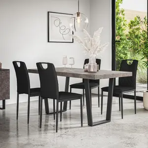 Aria Dining Table And Chairs -  Concrete Effect Table Top w Black Legs + Monza Faux Leather Dining Chair Set Of 6 (Black)