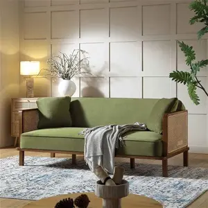 Pienza Cane Sofa Bed, Moss Green Velvet With Walnut Frame - Daals - Sofa Beds