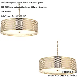 2 PACK Hanging Ceiling Pendant Light - Gold Effect Plate White Fabric & Frosted Glass - 3 X 10W LED E27