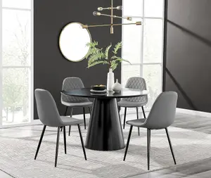 Furniturebox UK Palma Black Semi Gloss Round Pedestal Dining Table & 4 Grey Faux Leather Corona Black Leg Chairs