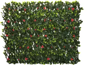 GreenBrokers Trellis Artificial Expanding Willow Fence with Green Leaf Foliage & Red Flowers-UV Stable (1m x 2m)