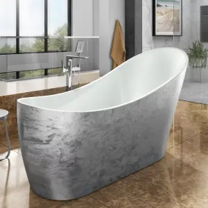 Luxury 1720x712 Silver Slipper Freestanding Bathtub with Polished Chrome Brass Mixer Tap Set