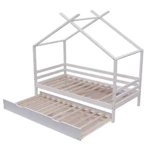 Teddy Kids Childrens Wooden House Treehouse Single Bed Frame With Guest Trundle Bed (White)