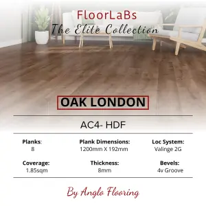 Anglo Flooring X FloorLabs, Oak London, Light Brown Plank Oak Effect Laminate Flooring, 8mm, 1.85m²