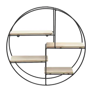 4 Wooden Shelves Modern Round Floating Wall Mount Shelf Wall Accent with Iron Frame