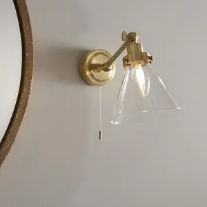 Bathroom Wall Light Fitting - Satin Brass Plate & Clear Glass Shade - Sconce