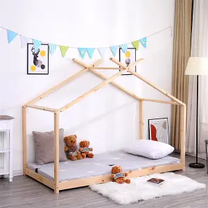 FurnitureHMD Bedroom Furniture Pine Wood Kids Bed House Bed Frame 3FT Toddler Floor Bed Frame Natural,White for Girls Boys